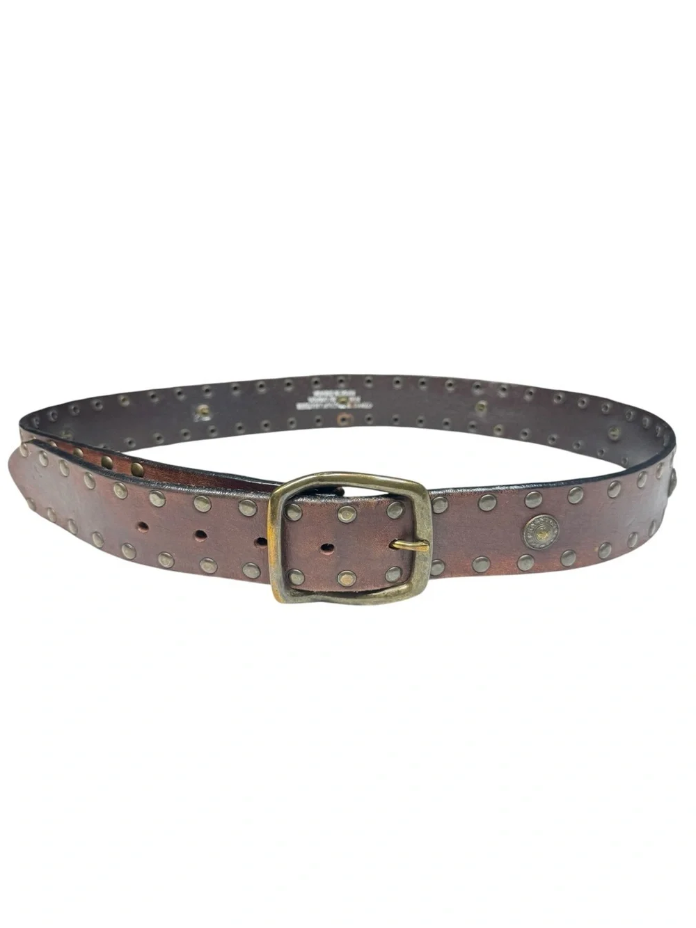 Brown Studded Italian Leather Belt Brass Buckle Handcrafted Canada 38